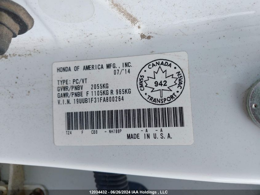 2015 Acura Tlx VIN: 19UUB1F31FA800264 Lot: 12034432