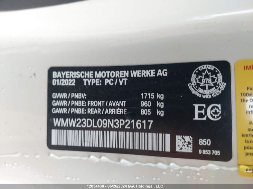 2022 Mini Cooper Convertible VIN: WMW23DL09N3P21617 Lot: 12034438