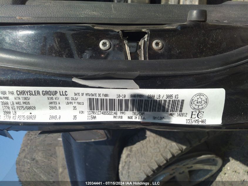2011 Ram Ram 1500 Sport VIN: 1D7RV1CT4BS522146 Lot: 12034441
