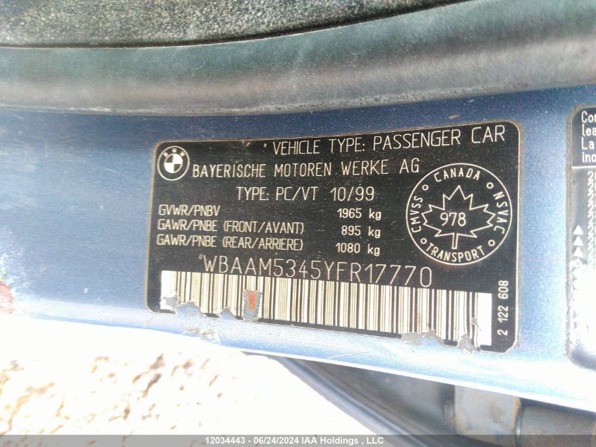2000 BMW 3 Series VIN: WBAAM5345YFR17770 Lot: 12034443