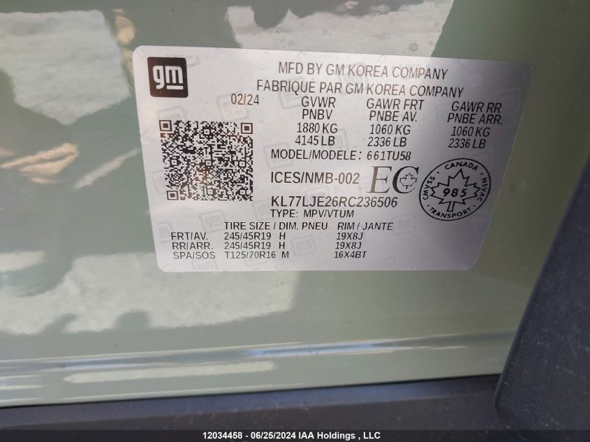 2024 Chevrolet Trax VIN: KL77LJE26RC236506 Lot: 12034458