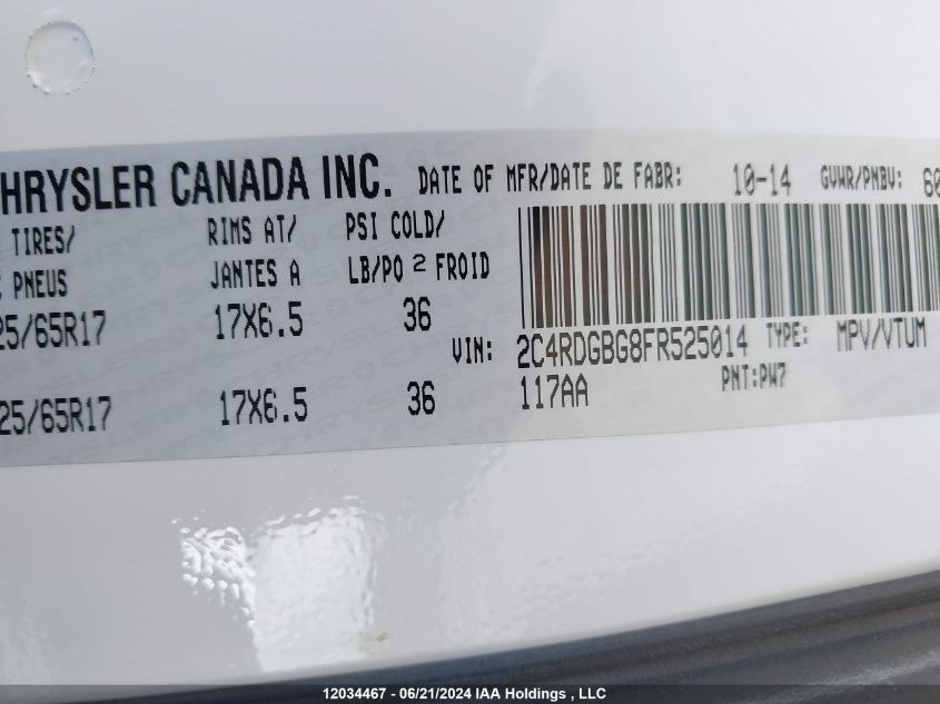 2015 Dodge Grand Caravan Se VIN: 2C4RDGBG8FR525014 Lot: 12034467