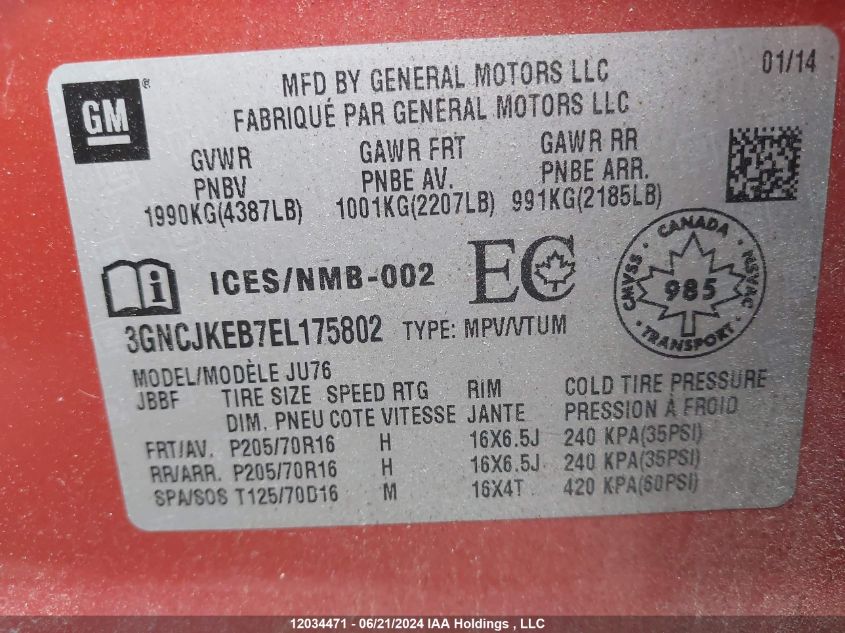 2014 Chevrolet Trax Ls VIN: 3GNCJKEB7EL175802 Lot: 12034471