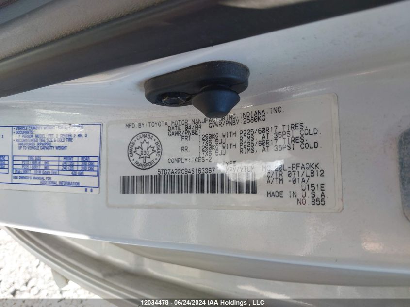 2004 Toyota Sienna VIN: 5TDZA22C94S163367 Lot: 12034478