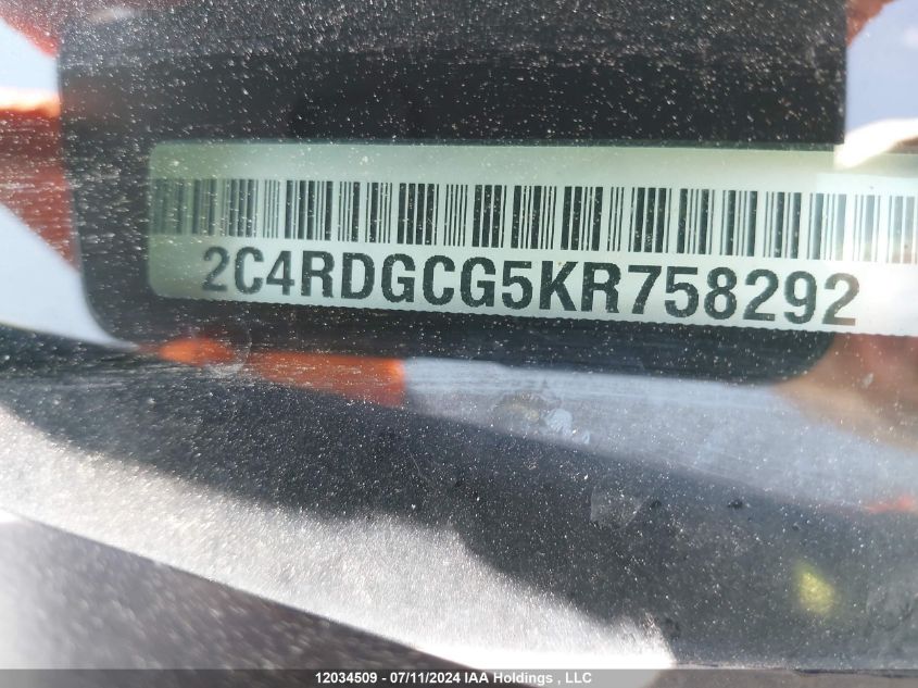 2019 Dodge Grand Caravan Sxt VIN: 2C4RDGCG5KR758292 Lot: 12034509