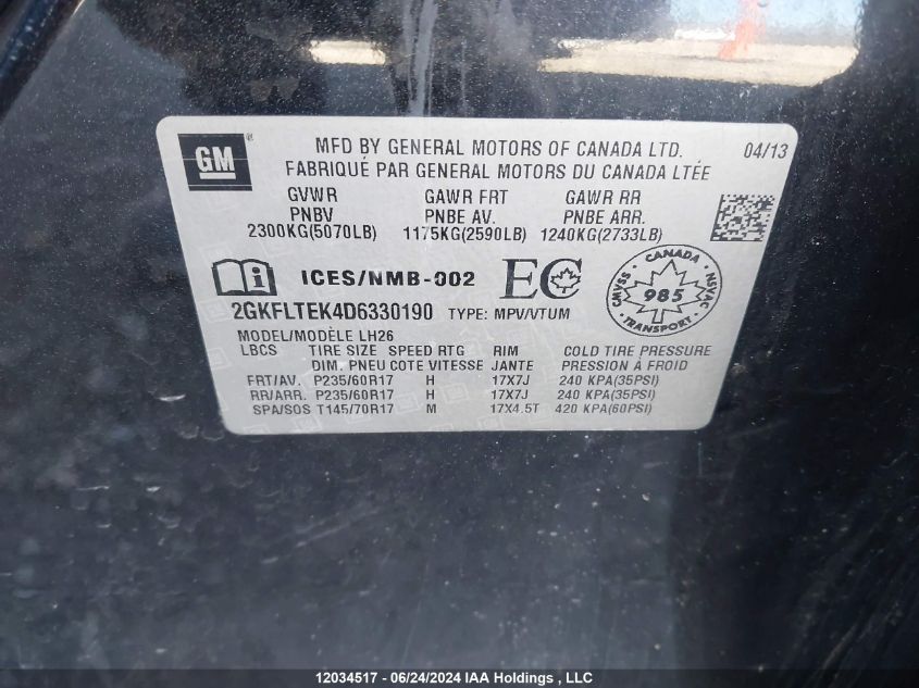 2013 GMC Terrain VIN: 2GKFLTEK4D6330190 Lot: 12034517