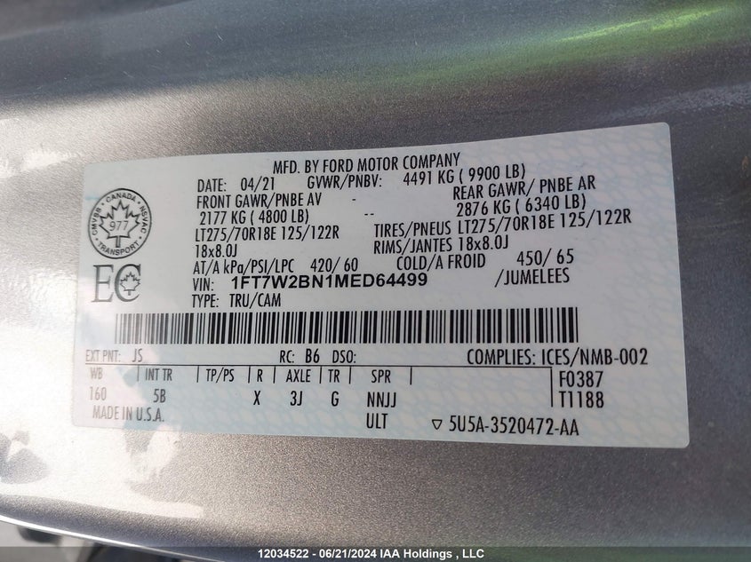 2021 Ford F-250 Lariat VIN: 1FT7W2BN1MED64499 Lot: 12034522