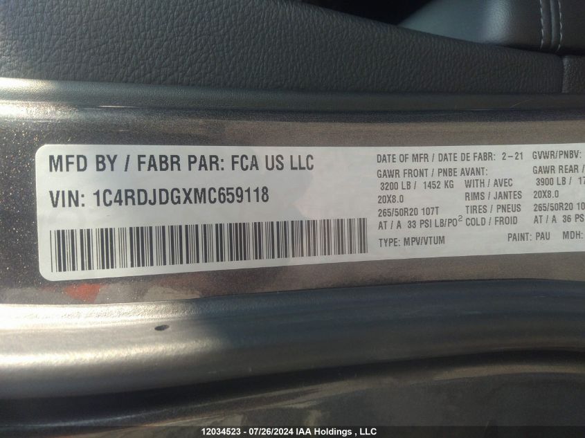 2021 Dodge Durango Gt VIN: 1C4RDJDGXMC659118 Lot: 12034523