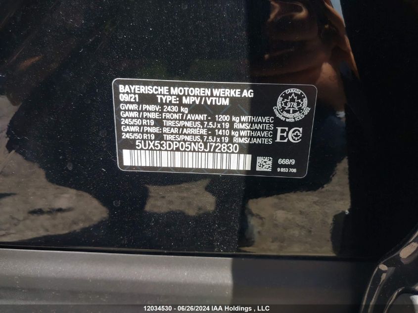 2022 BMW X3 xDrive30I VIN: 5UX53DP05N9J72830 Lot: 12034530