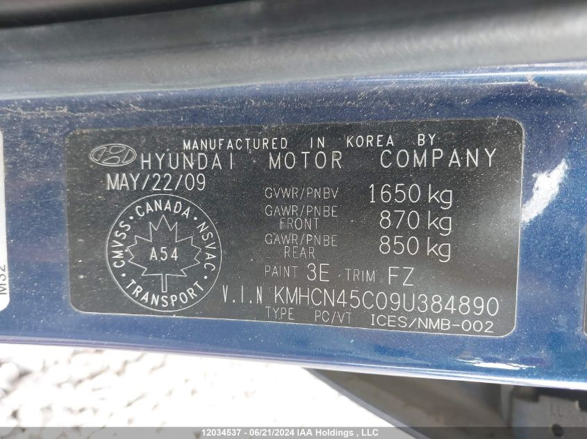 2009 Hyundai Accent VIN: KMHCN45C09U384890 Lot: 12034537