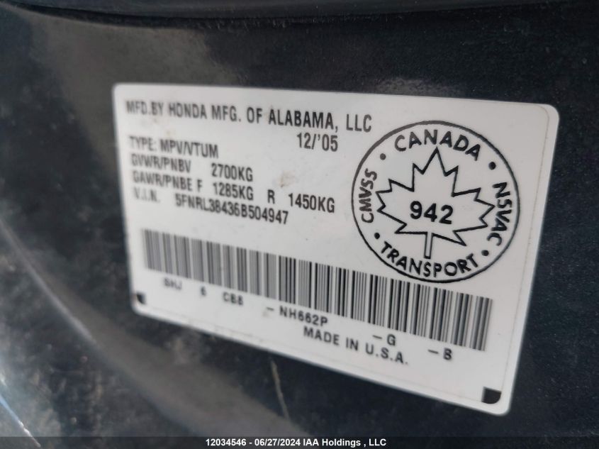 2006 Honda Odyssey VIN: 5FNRL38436B504947 Lot: 12034546