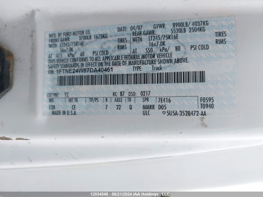 2007 Ford Econoline E250 Van VIN: 1FTNE24W87DA40461 Lot: 12034548