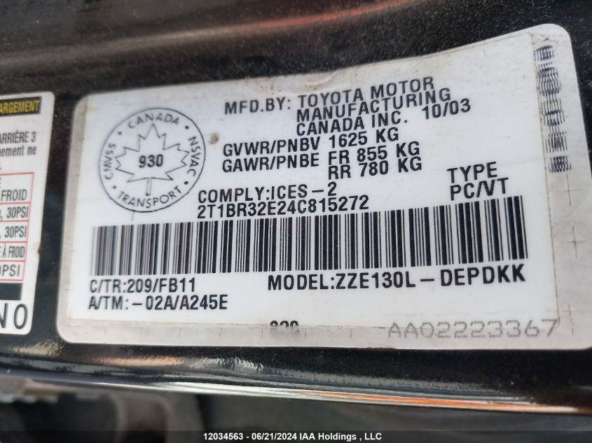 2004 Toyota Corolla Ce/Le/S VIN: 2T1BR32E24C815272 Lot: 12034563