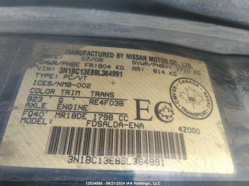 2009 Nissan Versa VIN: 3N1BC13E89L364991 Lot: 12034565