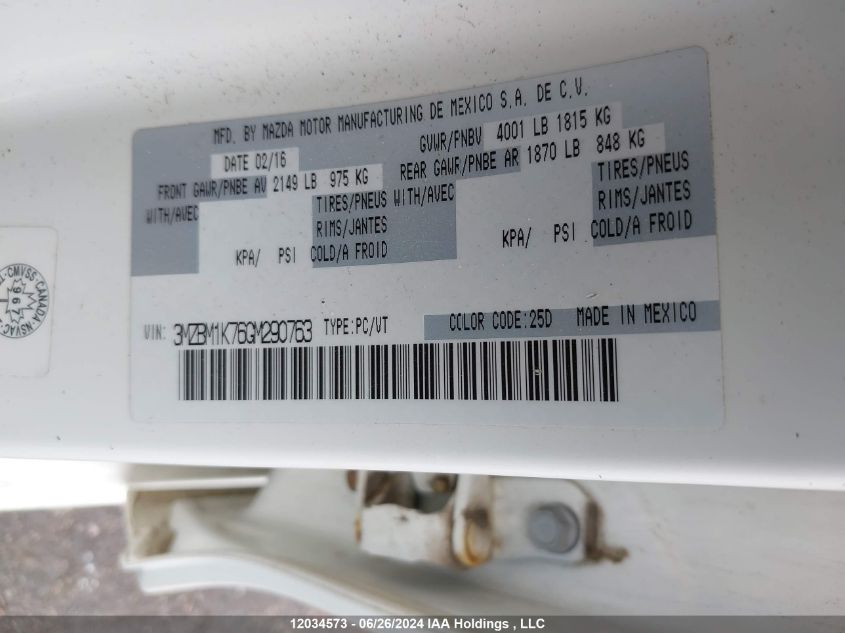 2016 Mazda Mazda3 VIN: 3MZBM1K76GM290763 Lot: 12034573