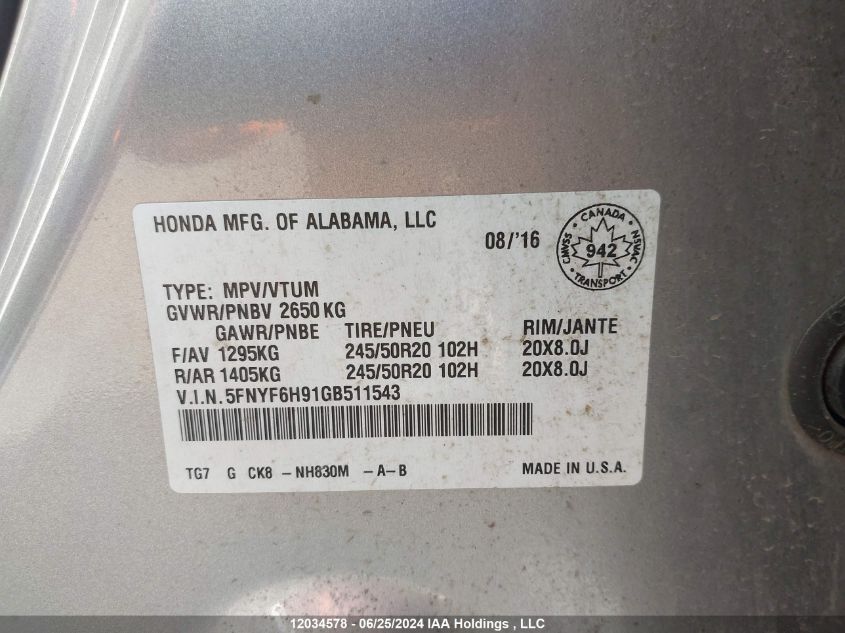 2016 Honda Pilot VIN: 5FNYF6H91GB511543 Lot: 12034578
