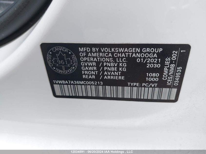 2021 Volkswagen Passat VIN: 1VWBA7A36MC005213 Lot: 12034591