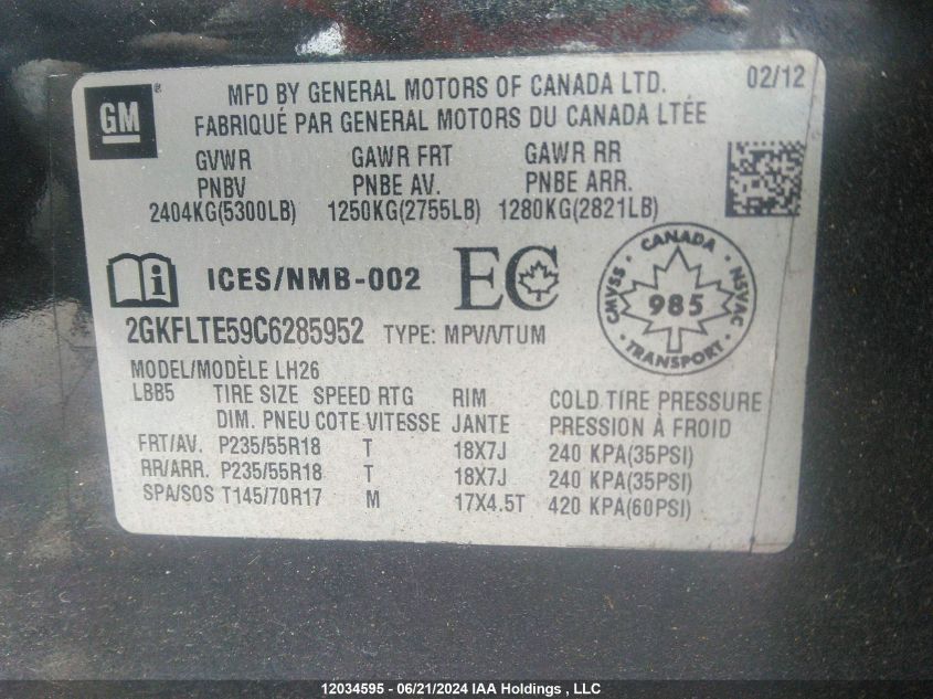 2012 GMC Terrain VIN: 2GKFLTE59C6285952 Lot: 12034595