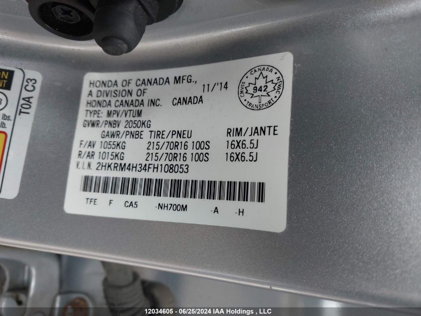 2015 Honda Cr-V VIN: 2HKRM4H34FH108053 Lot: 12034605