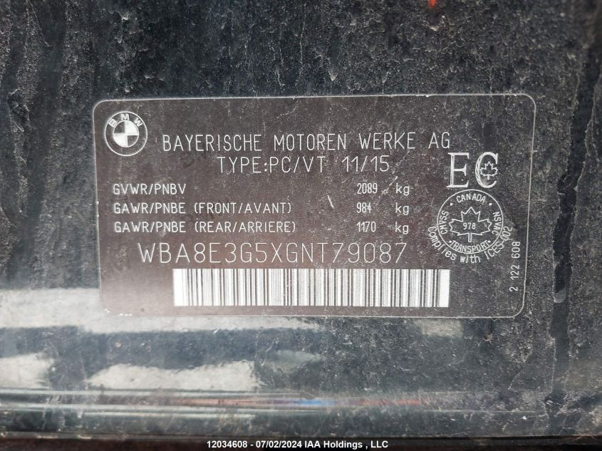 2016 BMW 328I xDrive VIN: WBA8E3G5XGNT79087 Lot: 12034608