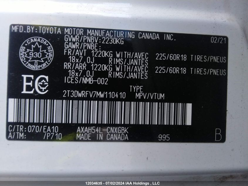 2021 Toyota Rav4 Hybrid Limited VIN: 2T3DWRFV7MW110410 Lot: 12034635