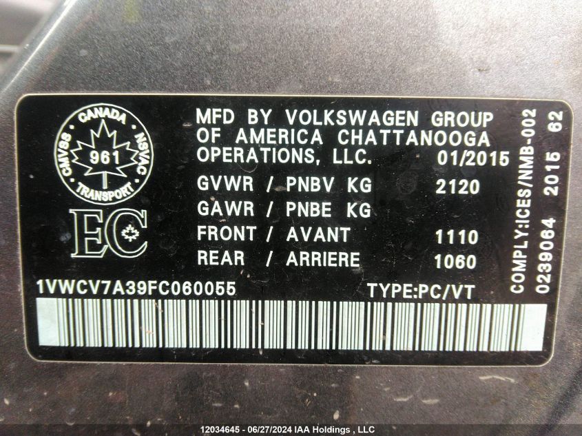2015 Volkswagen Passat Sel VIN: 1VWCV7A39FC060055 Lot: 12034645