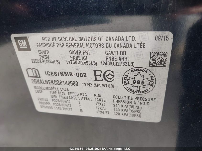 2016 GMC Terrain VIN: 2GKALNEK0G6140980 Lot: 12034651