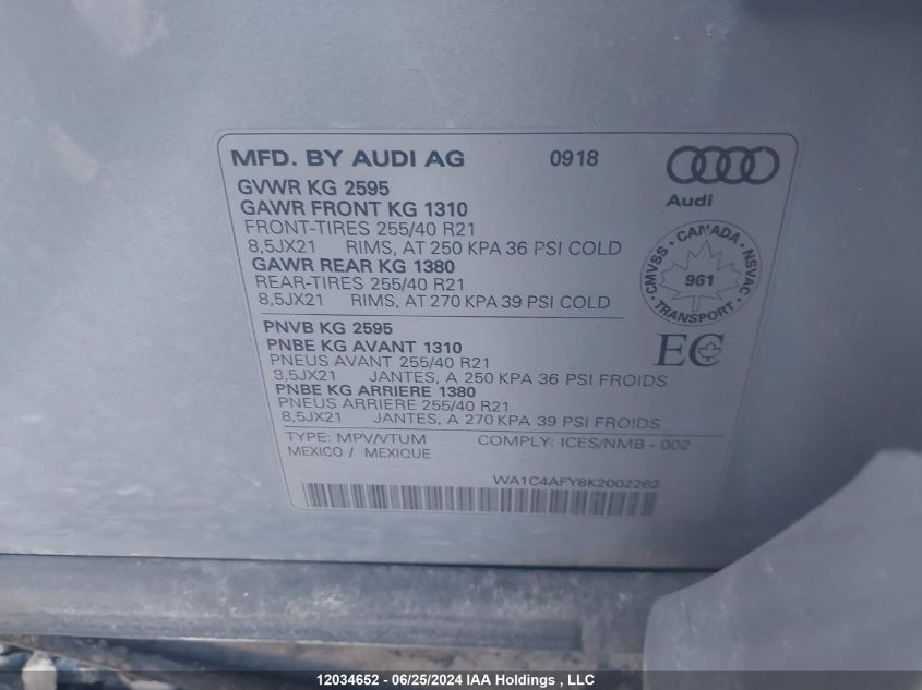 2019 Audi Sq5 Prestige VIN: WA1C4AFY8K2002262 Lot: 12034652