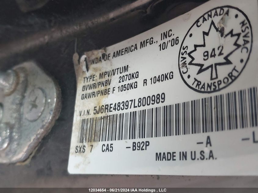 2007 Honda Cr-V Lx VIN: 5J6RE48397L800989 Lot: 12034654