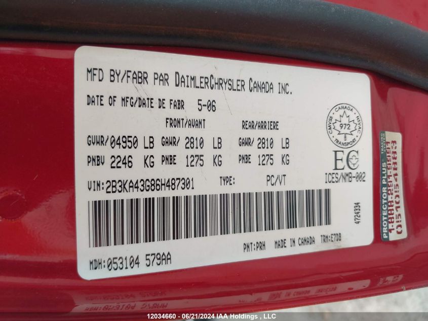 2006 Dodge Charger Se/Sxt VIN: 2B3KA43G86H487301 Lot: 12034660