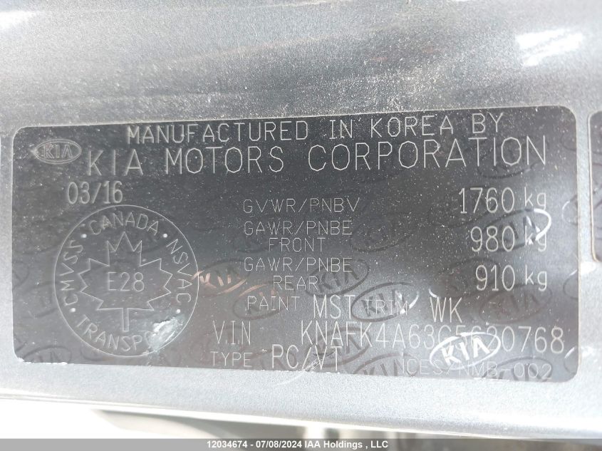 2016 Kia Forte VIN: KNAFK4A63G5620768 Lot: 12034674