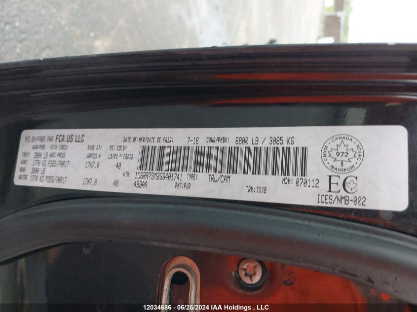 2016 Ram 1500 St VIN: 1C6RR7SM2GS401741 Lot: 12034686