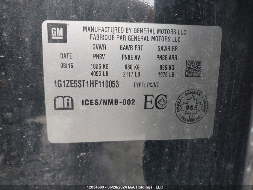 2017 Chevrolet Malibu Lt VIN: 1G1ZE5ST1HF110053 Lot: 12034689