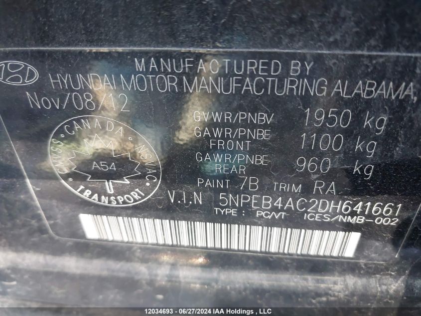 2013 Hyundai Sonata VIN: 5NPEB4AC2DH641661 Lot: 12034693