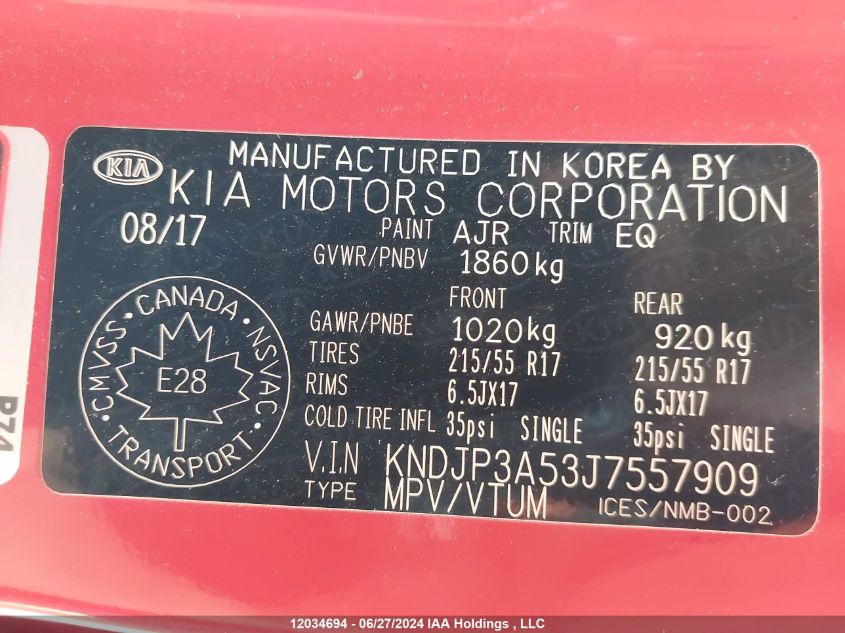 2018 Kia Soul + VIN: KNDJP3A53J7557909 Lot: 12034694