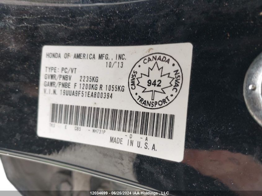 2014 Acura Tl VIN: 19UUA9F51EA800394 Lot: 12034699