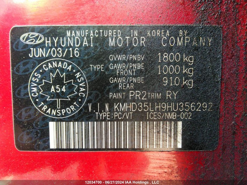 2017 Hyundai Elantra Gt VIN: KMHD35LH9HU356292 Lot: 12034700