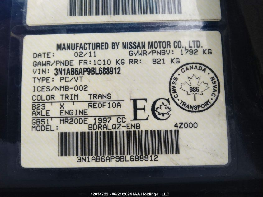 2011 Nissan Sentra VIN: 3N1AB6AP9BL688912 Lot: 12034722