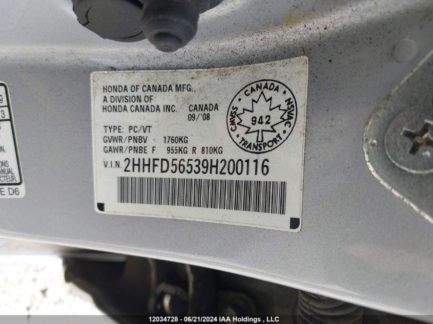 2009 Acura Csx VIN: 2HHFD56539H200116 Lot: 12034728