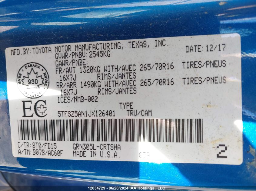2018 Toyota Tacoma Sr5/Trd Off Road VIN: 5TFSZ5AN1JX126401 Lot: 12034729