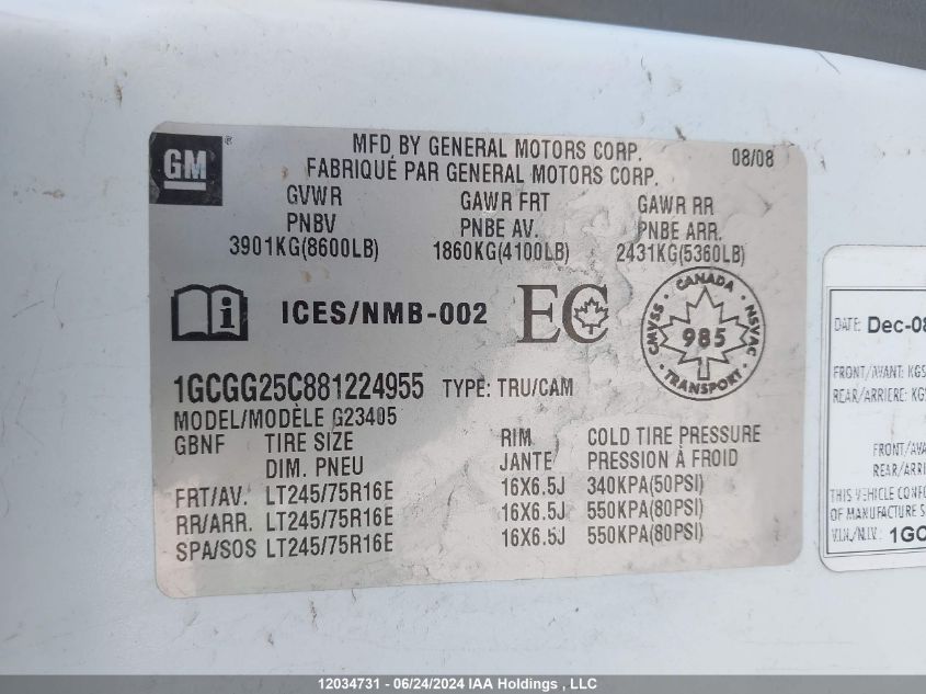 2008 Chevrolet Express Cargo VIN: 1GCGG25C881224955 Lot: 12034731
