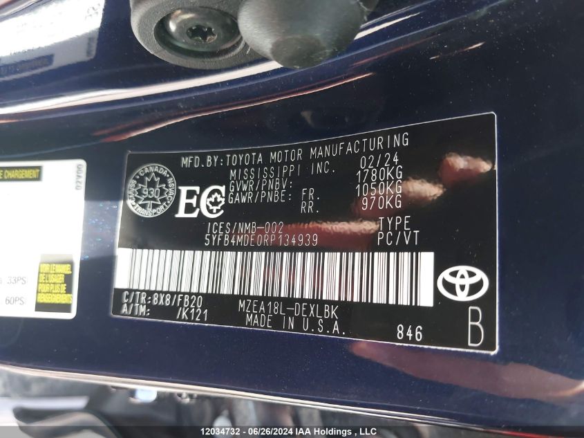 2024 Toyota Corolla VIN: 5YFB4MDE0RP134939 Lot: 12034732