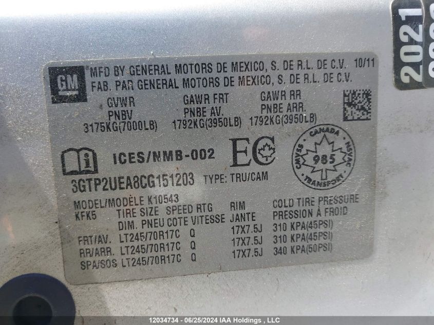2012 GMC Sierra 1500 VIN: 3GTP2UEA8CG151203 Lot: 12034734