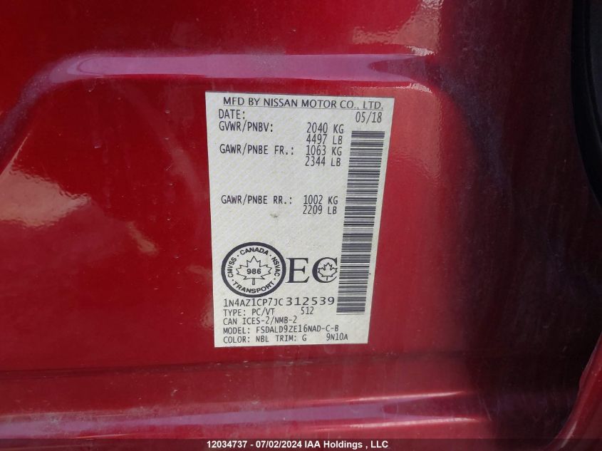 2018 Nissan Leaf S/Sv/Sl VIN: 1N4AZ1CP7JC312539 Lot: 12034737