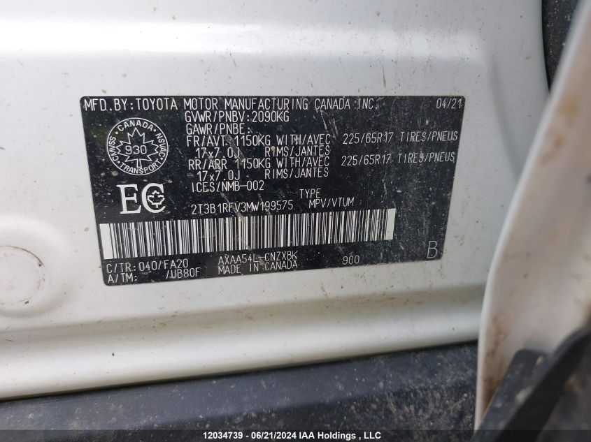 2021 Toyota Rav4 Le VIN: 2T3B1RFV3MW199575 Lot: 12034739