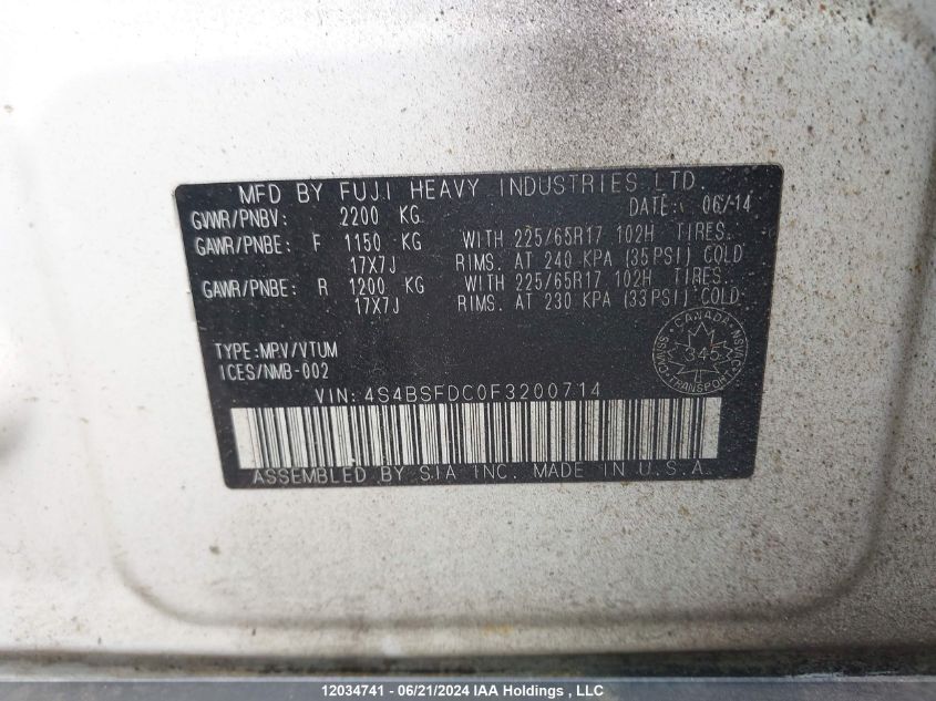 2015 Subaru Outback VIN: 4S4BSFDC0F3200714 Lot: 12034741