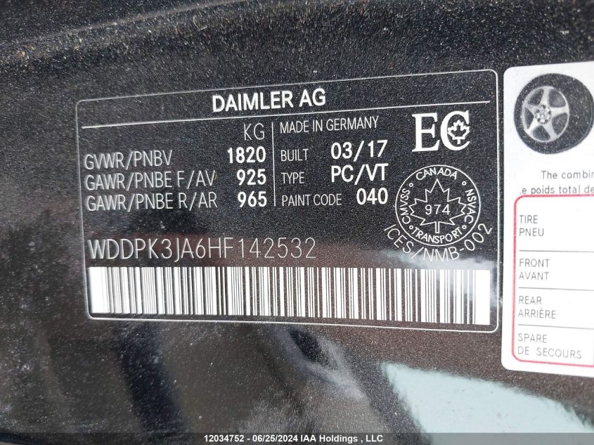 2017 Mercedes-Benz Slc VIN: WDDPK3JA6HF142532 Lot: 12034752