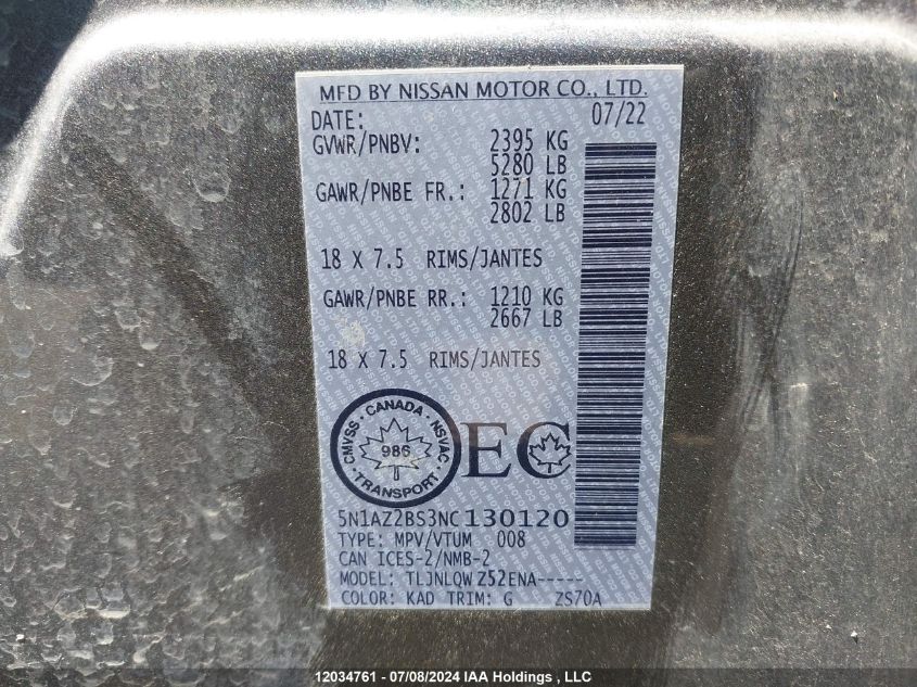 2022 Nissan Murano VIN: 5N1AZ2BS3NC130120 Lot: 12034761