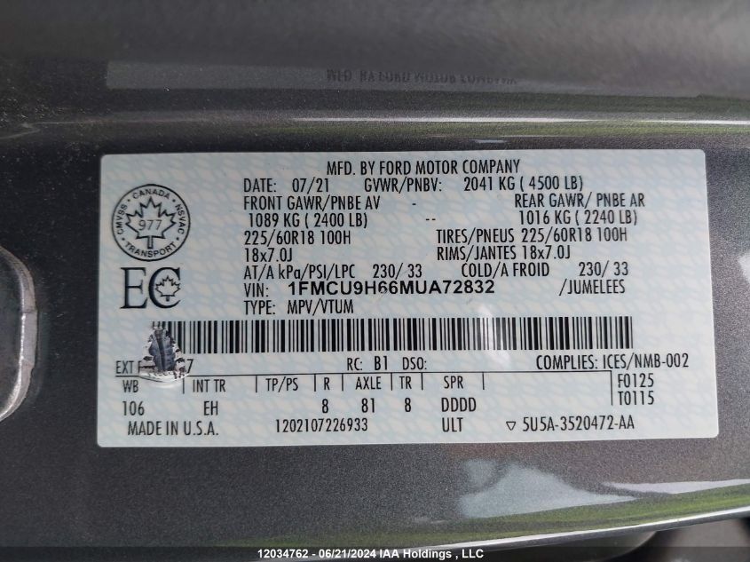 2021 Ford Escape Sel VIN: 1FMCU9H66MUA72832 Lot: 12034762