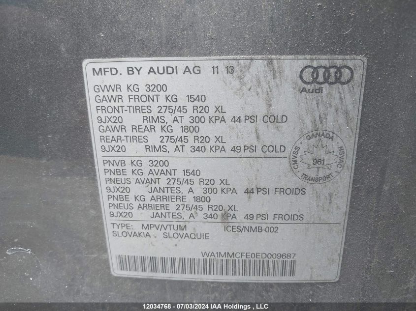 2014 Audi Q7 VIN: WA1MMCFE0ED009687 Lot: 12034768